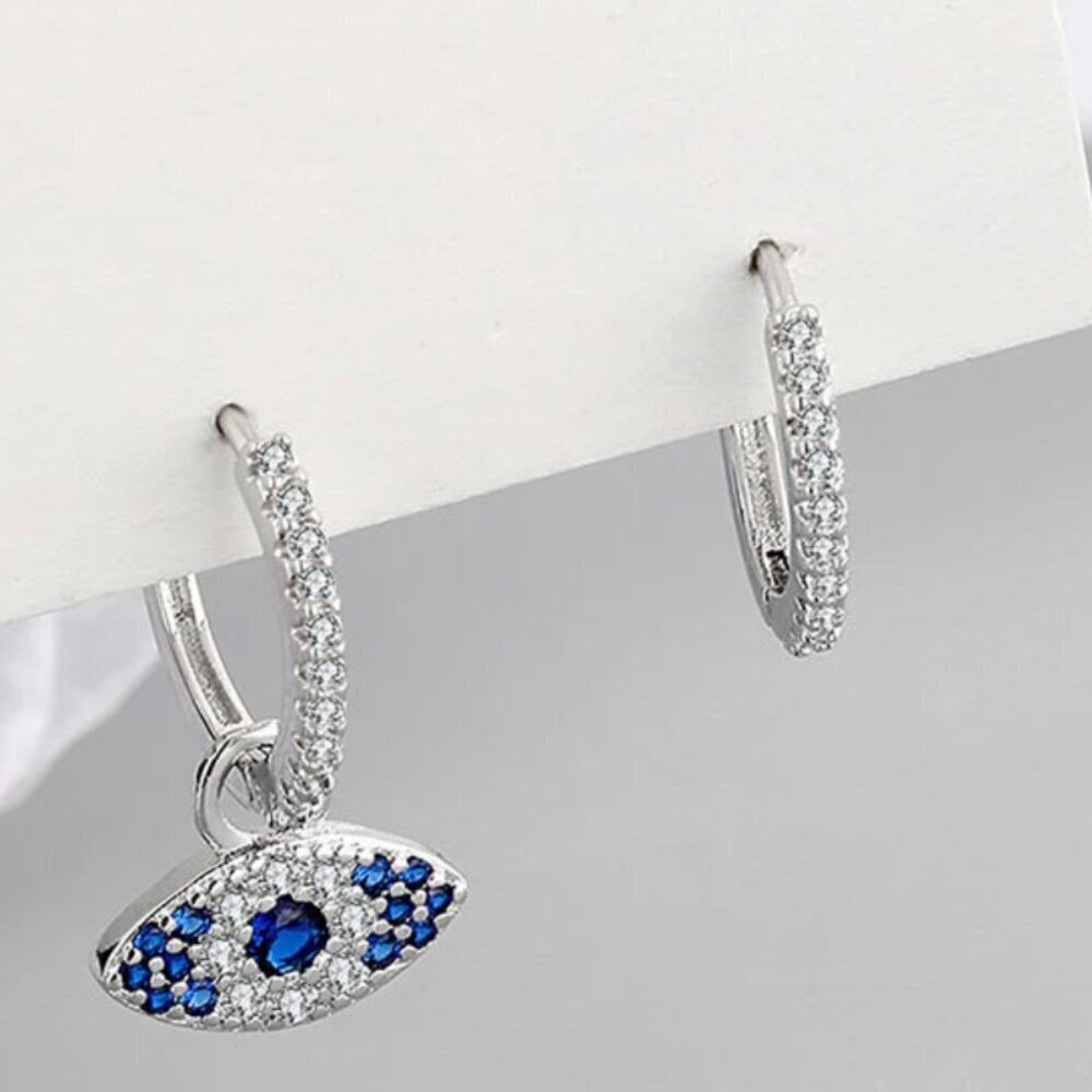925 Sterling Silver Evil Eye Hoop Earrings – Blue & White Cubic Zirconia